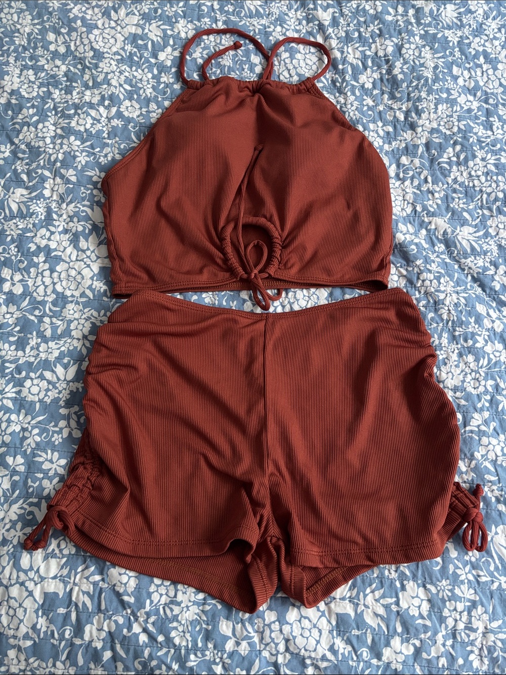 SHEIN Rust Red Ribbed High Neck Tankini Top & Shorts Set